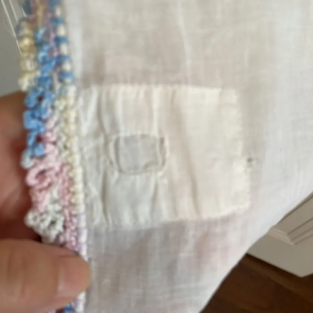 Vintage white cotton lawn table runner with pastel crochet edges‎